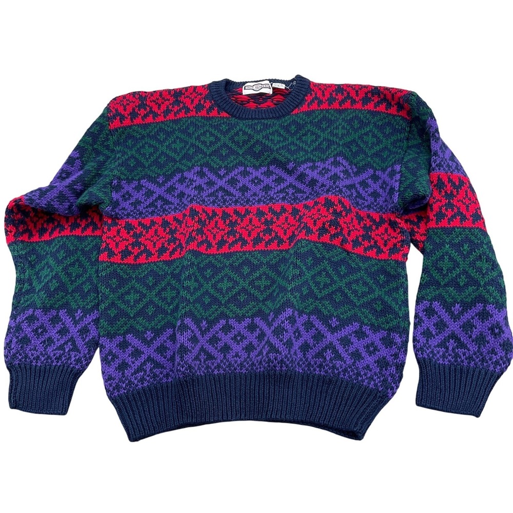 Gulf Traders Sweater Mens Large Blue Purple‎ Diamond Geometric Grandpa 80s VTG